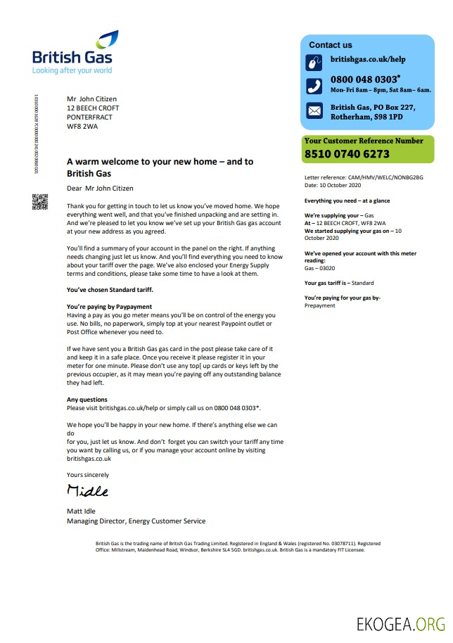 United Kingdom british gas utility bill template in word and pdf format, version 2 template